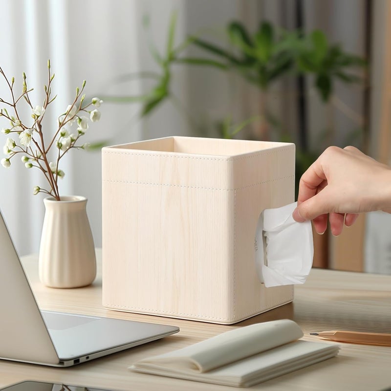 Cretkhp Tissue Box Cover, PU Leather Square Tissue Box Holder with Storage Tray for Bathroom Vanity Countertop Night Stands Bedroom Office Desk, Stylish Tissue Holder Decorative Organizer (White Oak) - Image 2